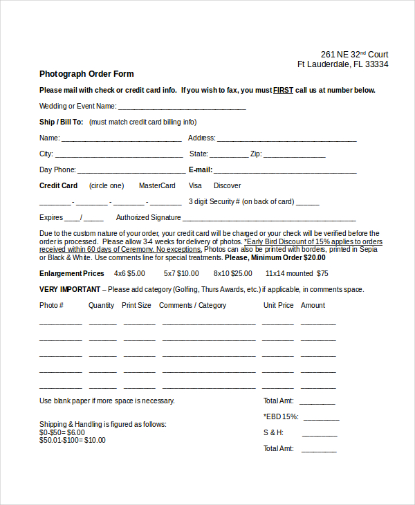 photography order form template