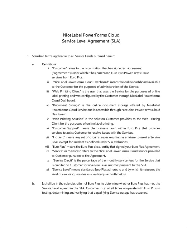 cloud service level agreement
