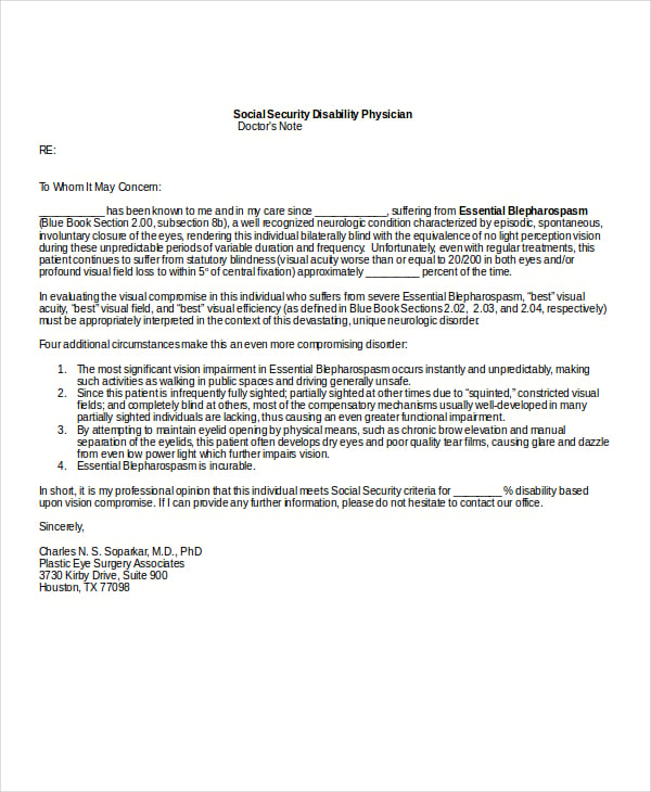 social security disability physician doctor note template
