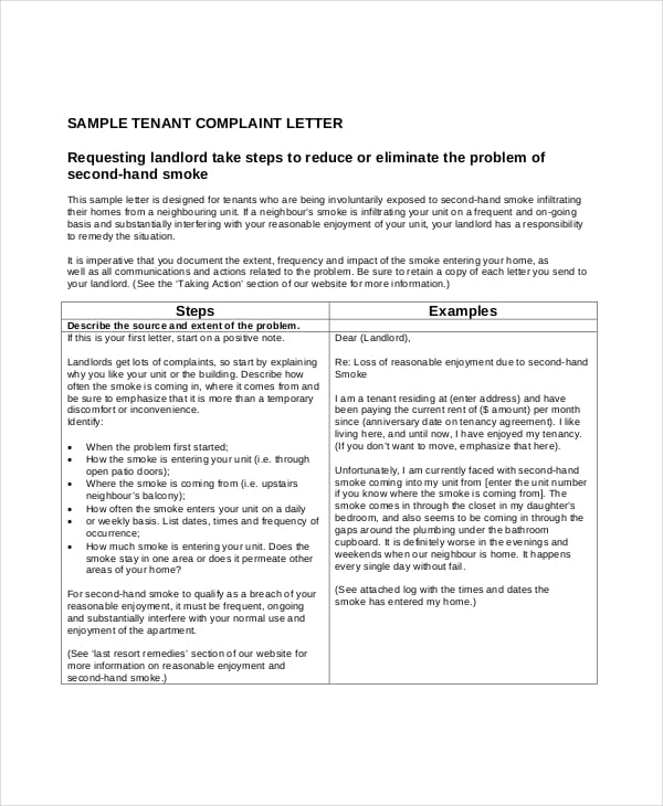 sample tenant complaint letter