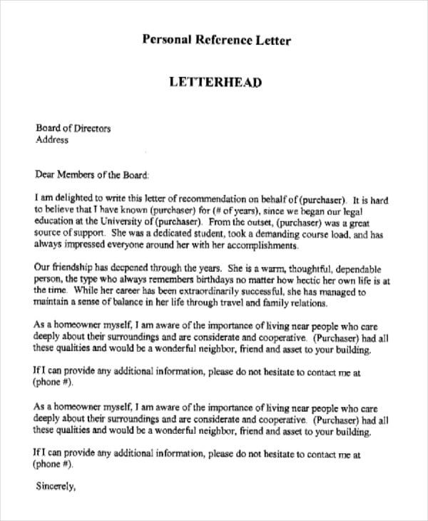 personal reference letter letterhead