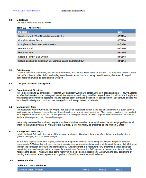 restaurant business plan template word