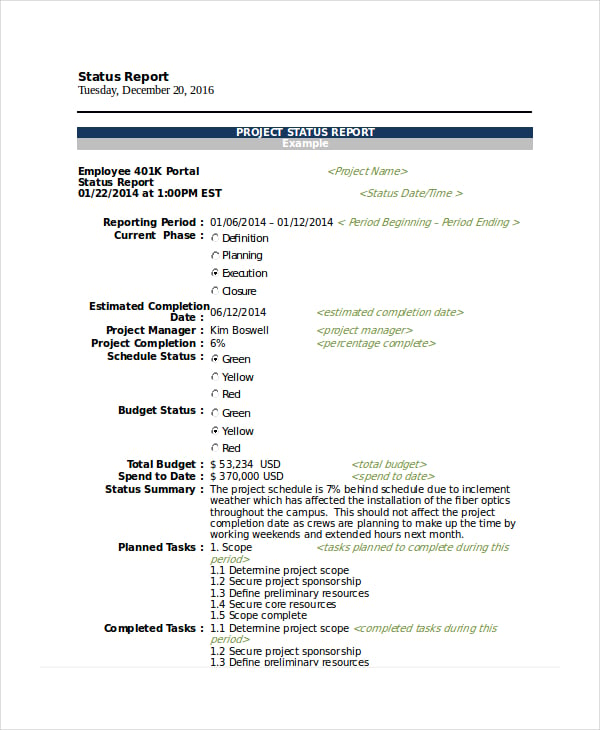 example project status report template