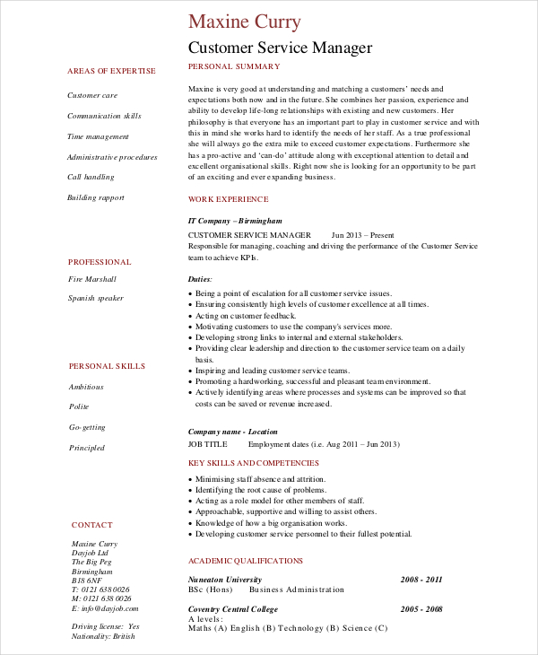 retail customer service manager resume
