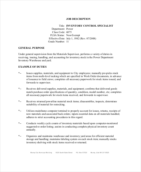 inventory control specialist job description