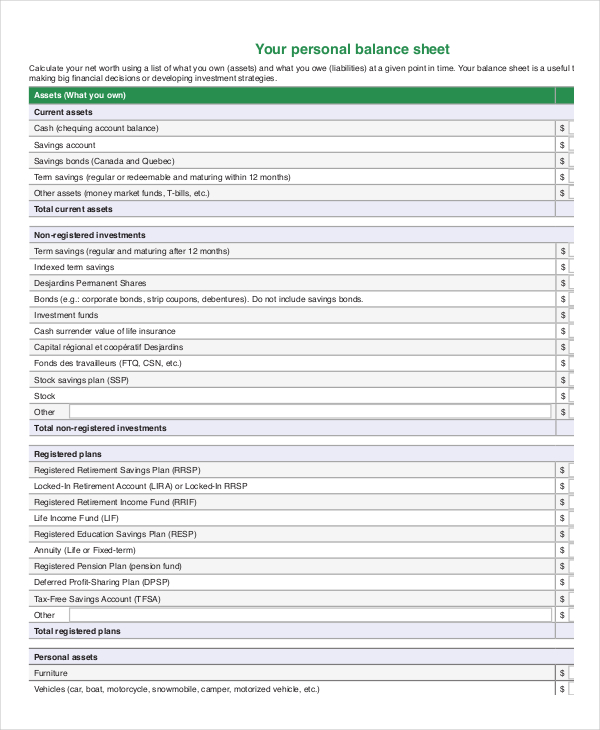 personal balance sheet template