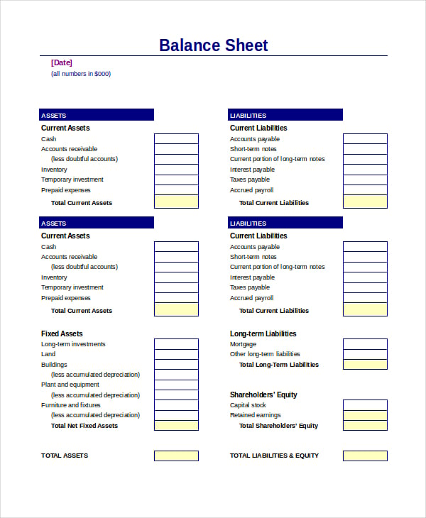 business balance sheet template