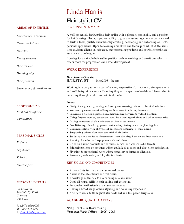 Hair Stylist Resume Example - 6+ Free PDF, PSD Documents Download
