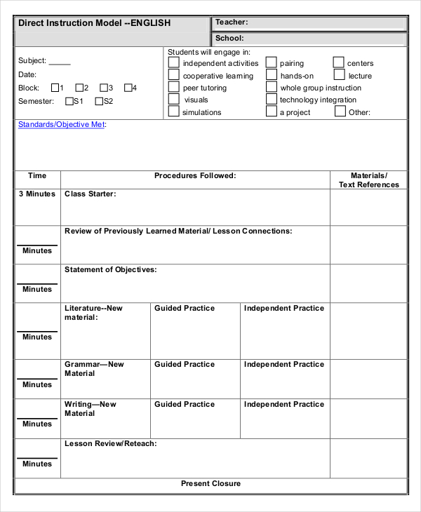 lesson plan format for english