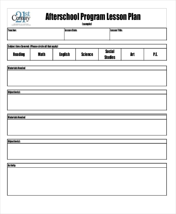 after school lesson plan template