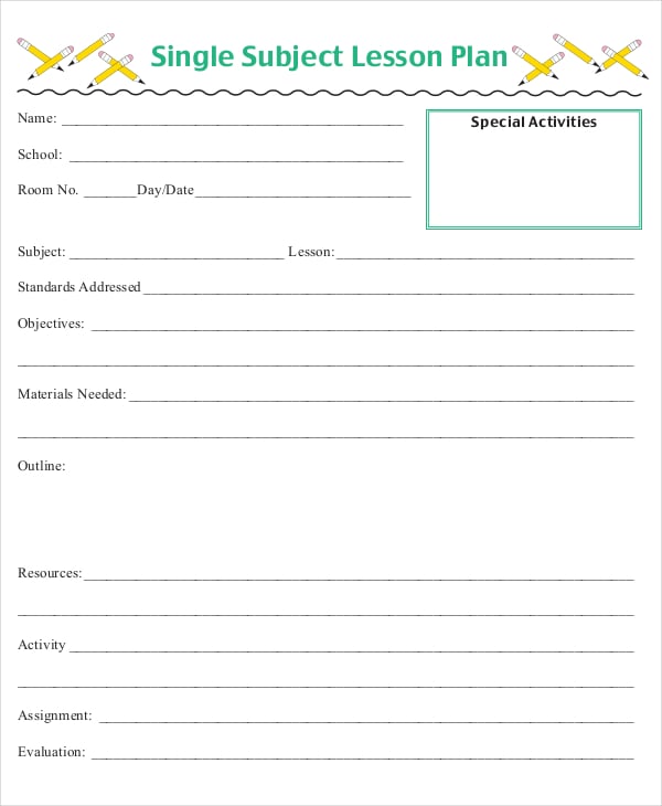 one subject lesson plan template