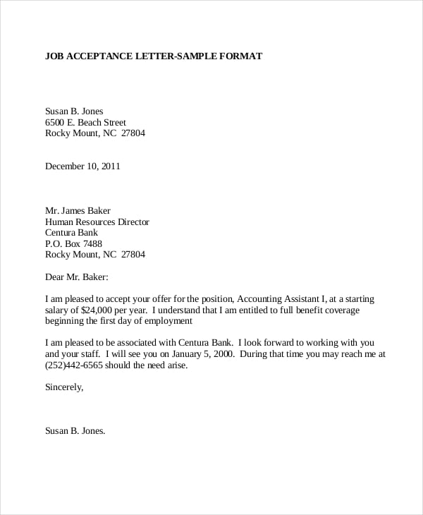sample job acceptance letter