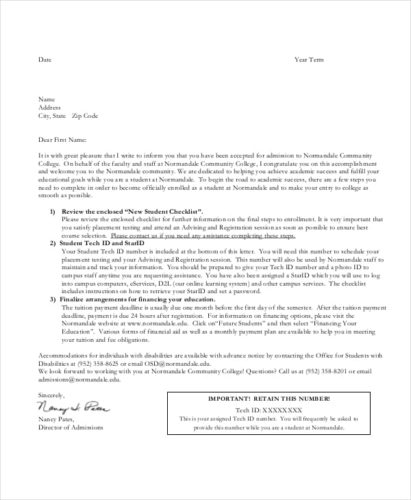 college acceptance letter example