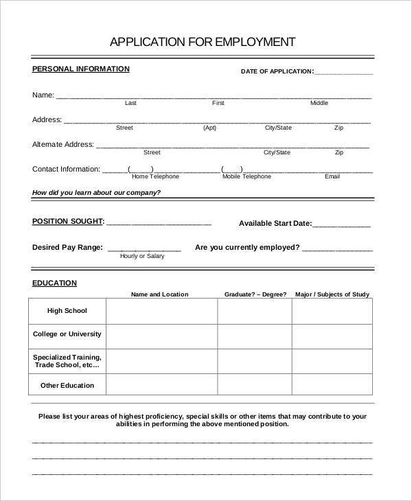 Printable Generic Job Application Template Printable Templates   General Application For Job Employment 