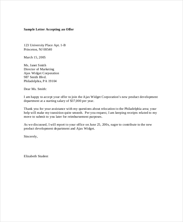 department acceptance letter