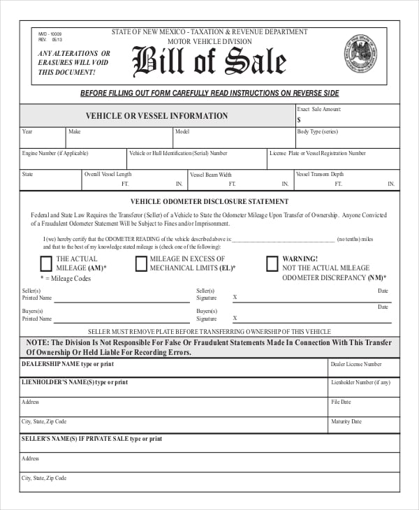 standard auto bill of sale form