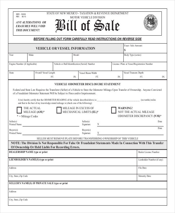 standard auto bill of sale form