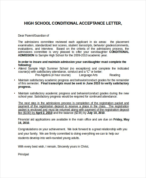 conditional acceptance letter