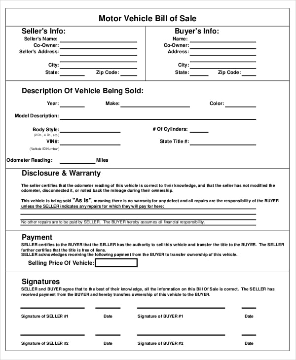 auto or motor vehicle bill of sale