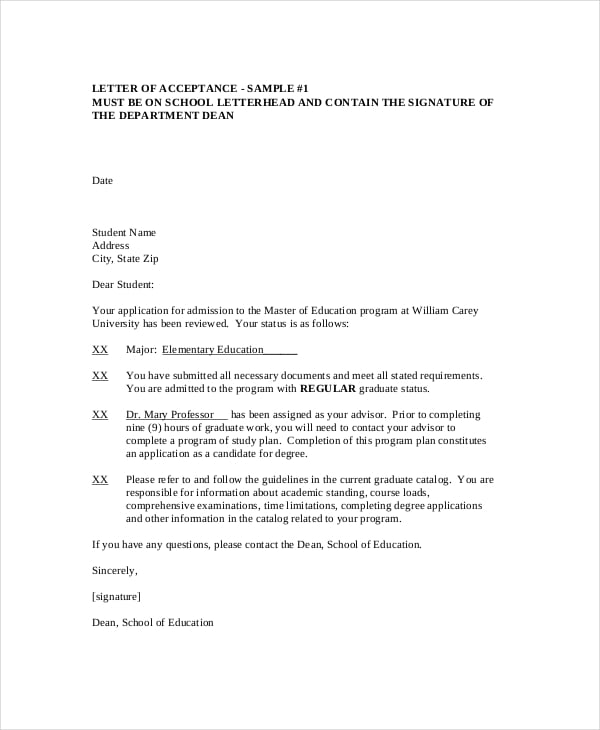 university acceptance letter format