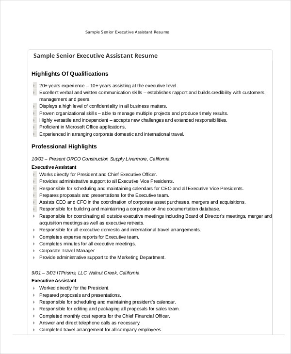 Executive Assistant Resume 7 Free WOrd PDF Documents Download