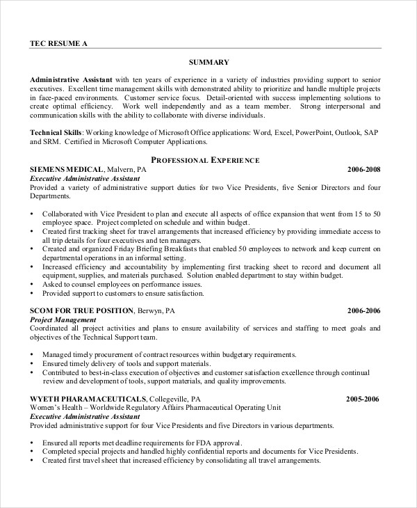 Executive Assistant Resume - 7+ Free WOrd, PDF Documents 