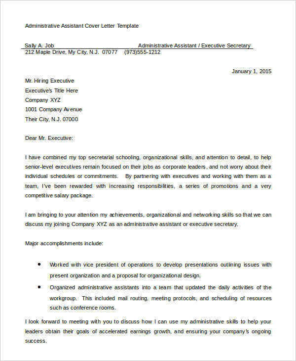 free cover letter template for administrative assistant