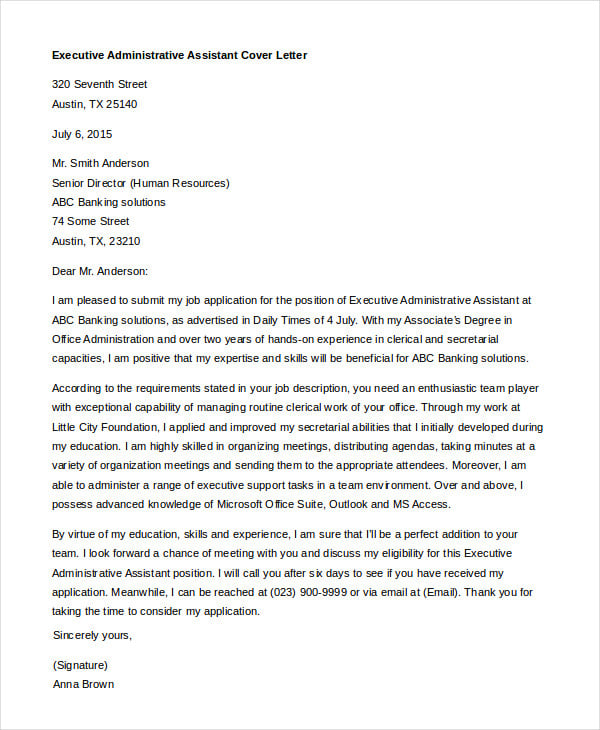 Administrative Assistant Cover Letter - 8+ Free Word, PDF ...