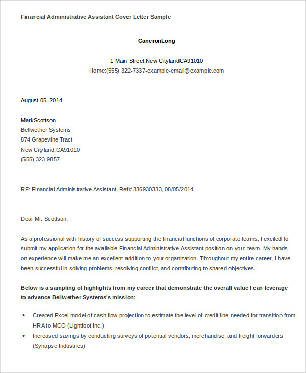 financial administrative assistant cover letter sample