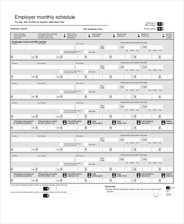 employer monthly work schedule template