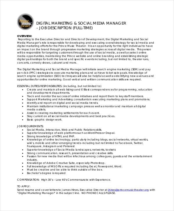 digital marketing manager job description sample