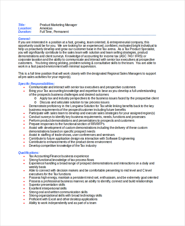 11+ Marketing Manager Job Description Free Sample, Example, Format