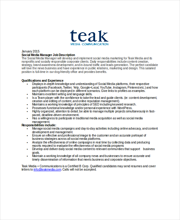 11+ Marketing Manager Job Description Free Sample, Example, Format