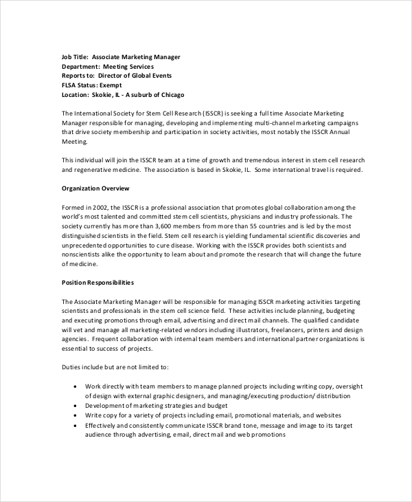 11+ Marketing Manager Job Description Free Sample, Example, Format