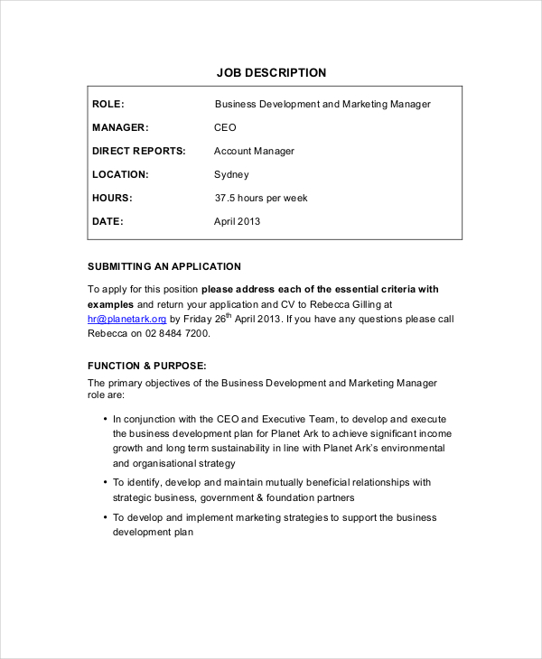 business development and marketing manager job description