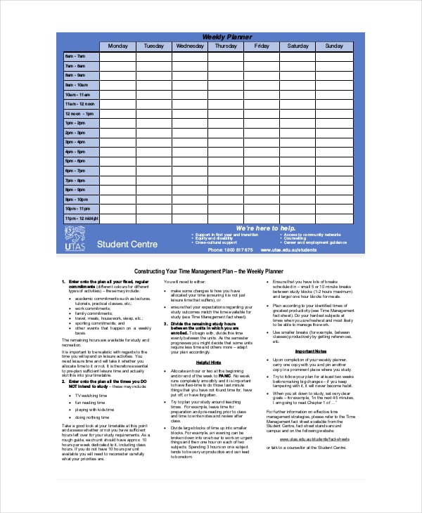 student weekly planner template