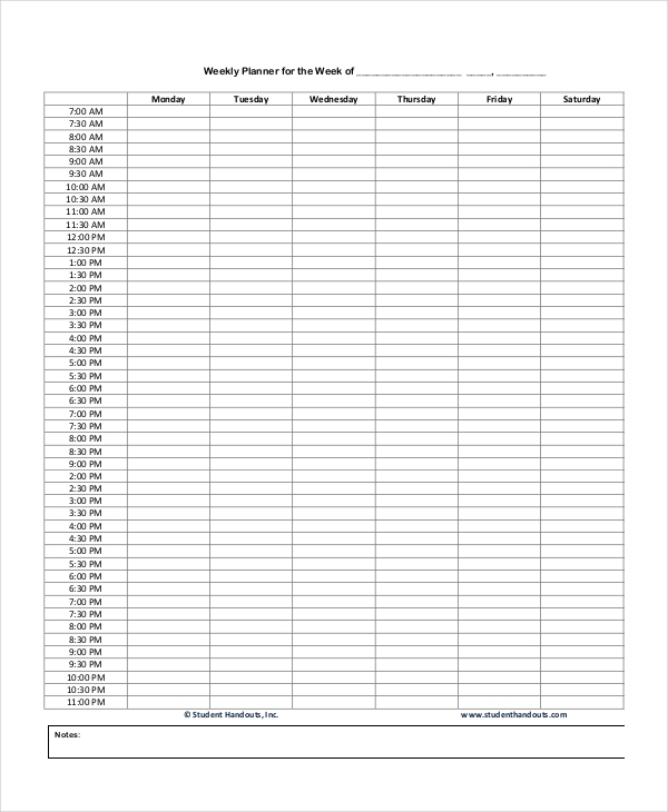 weekly hourly planner template