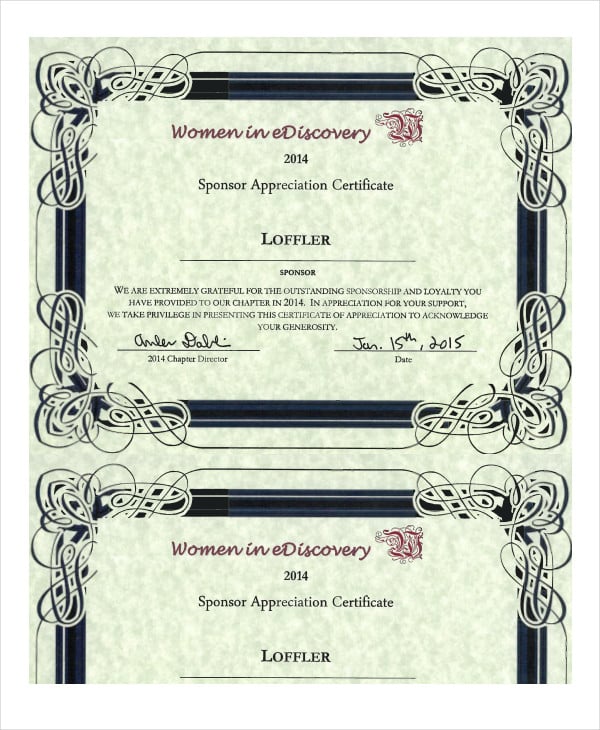 sponsorship certificate of appreciation
