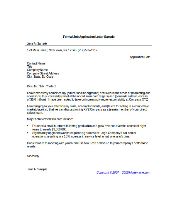 formal letter of application for a job