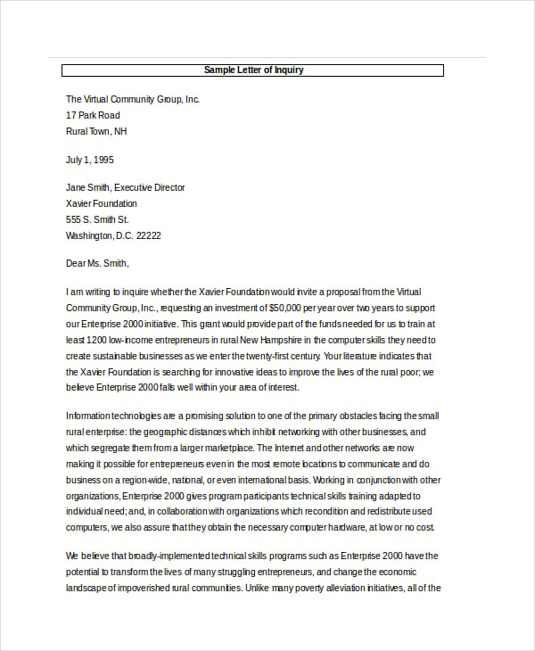 formal inquiry letter template sample