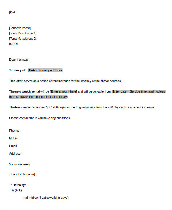 Sample Rent Increase Letter 5 Free Sample Example Format Free