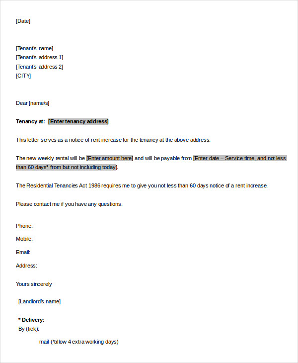 Sample Rent Increase Letter 7 Free Sample Example