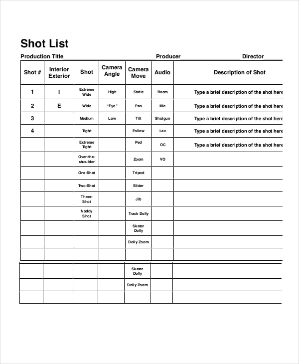 production shot list template