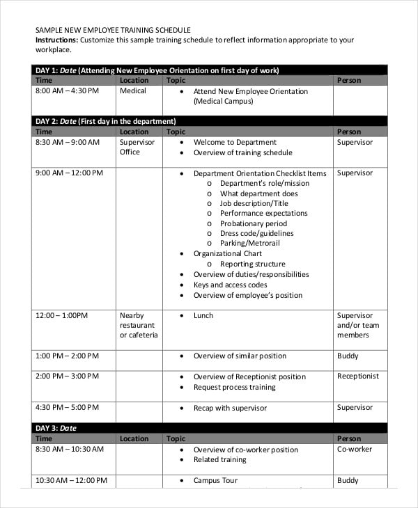 employee training schedule template
