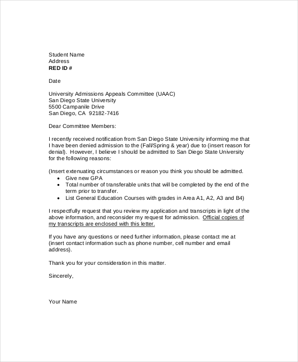 Sample Letter Of Appeal For Reconsideration Database Letter Template