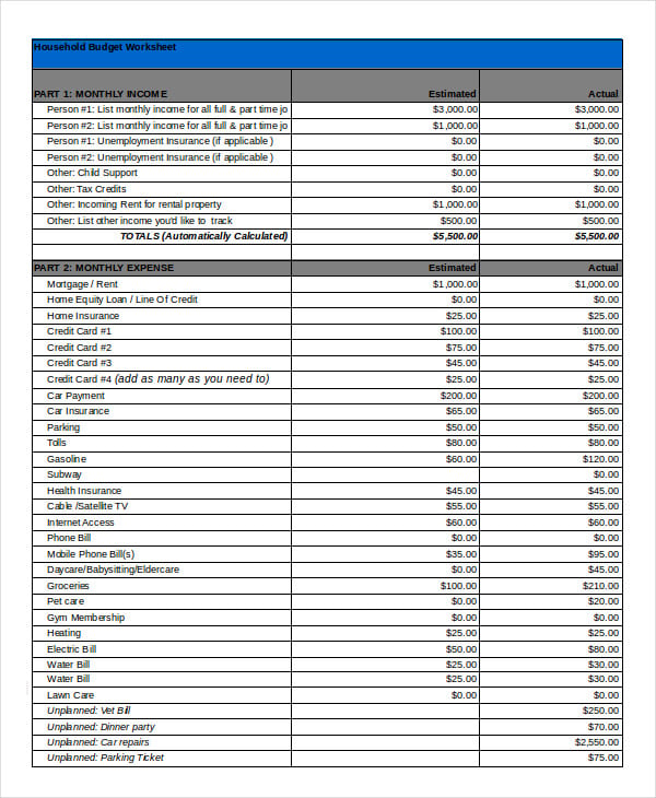 household budget template excel