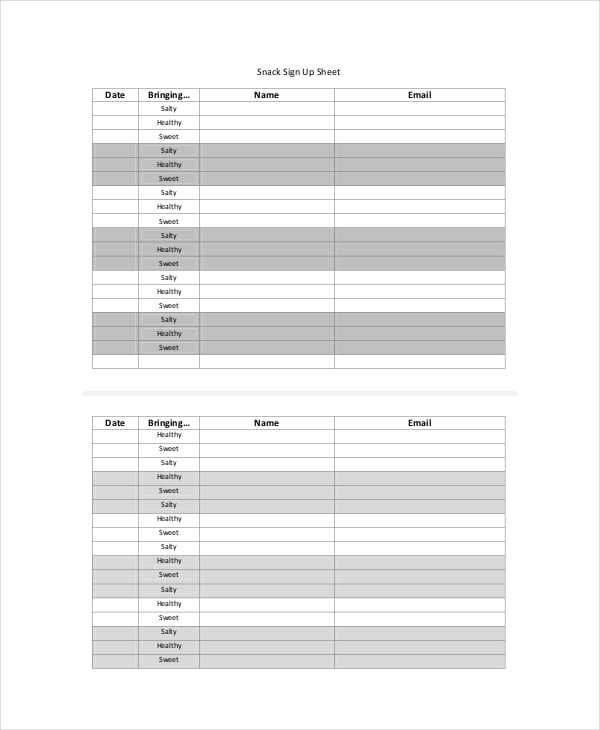 snack sign up sheet template