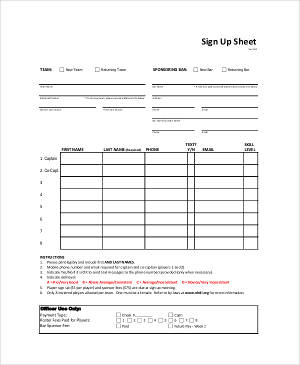 Printable Template Sign Up Sheet