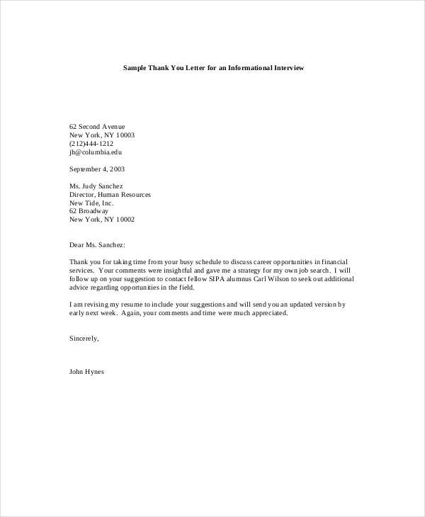 Thank You Letter After Interview - 1+ Free Word, PDF ...