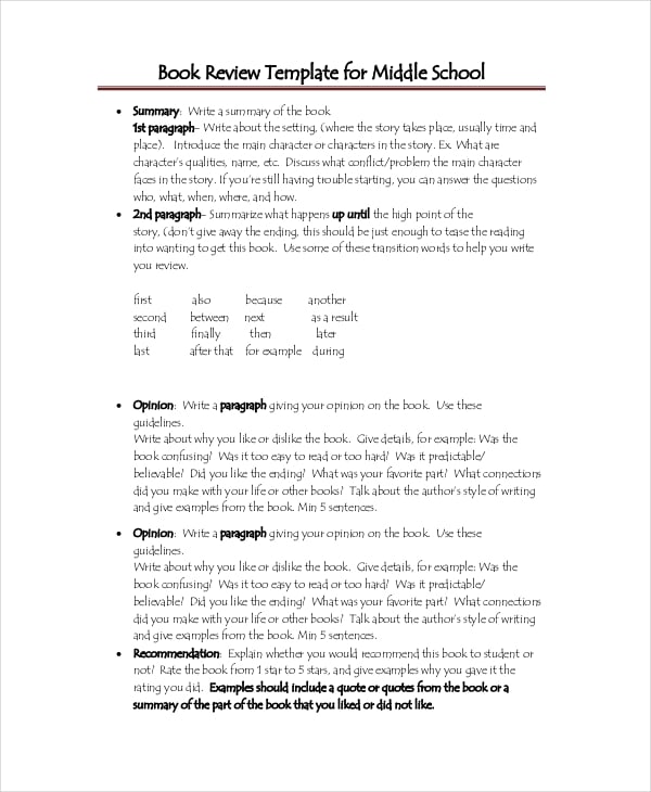 book review template middle school
